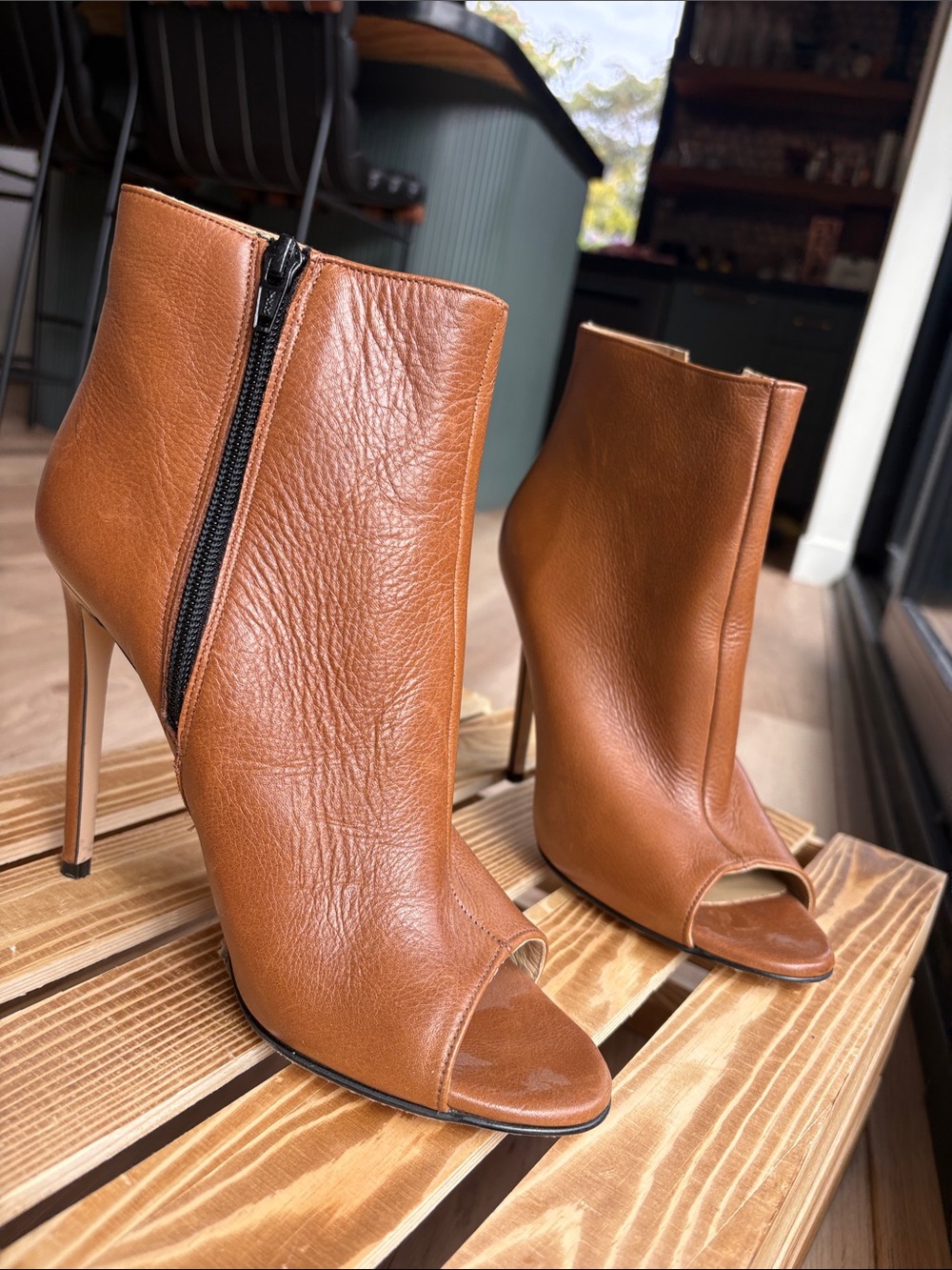 Women's Tan Leather Open-Toe Stiletto Ankle Boots